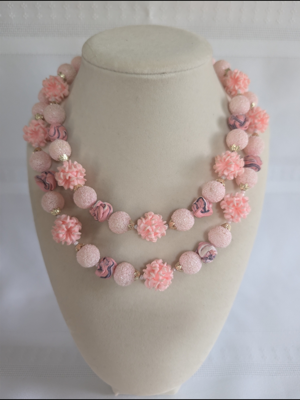 1950s Japan Signed MCM Sugar Bead Necklace Double Strand Pinks